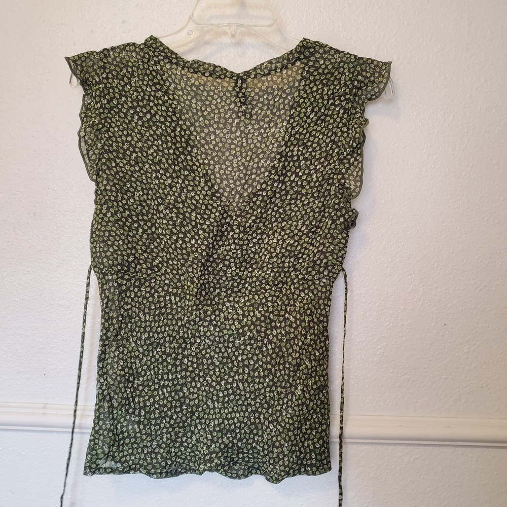 Forever 21 Sheer Floral V-Neck Blouse Green Ruffle Sleeve Side Tie Top F1187-P - Picture 6 of 12
